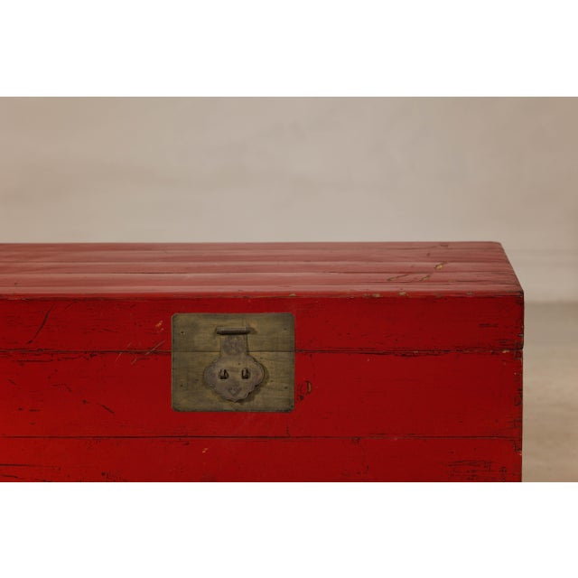 Antique Red Lacquer Blanket Chest with Brass Hardware and Spacious Storage For Sale - Image 4 of 12