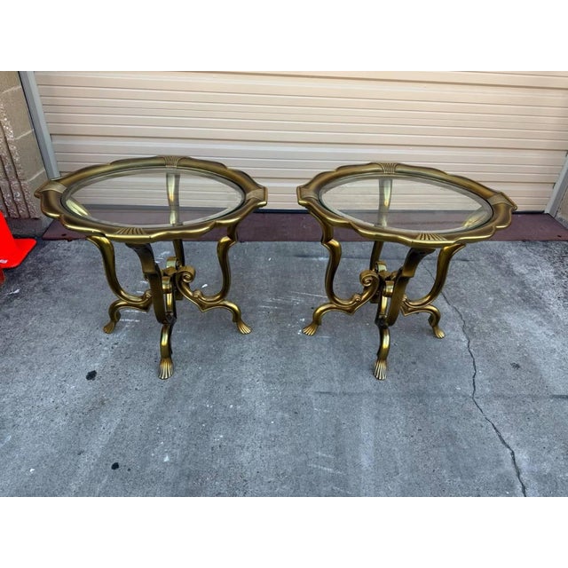 Pair of Vintage Hollywood Regency Oval Shaped Brass and Glass Scalloped Top Side Tables. For Sale - Image 9 of 12