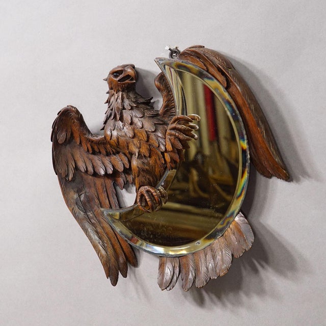 Victorian Antique Hand-Carved Wooden Eagle Mirror With Crescent Glass For Sale - Image 3 of 9
