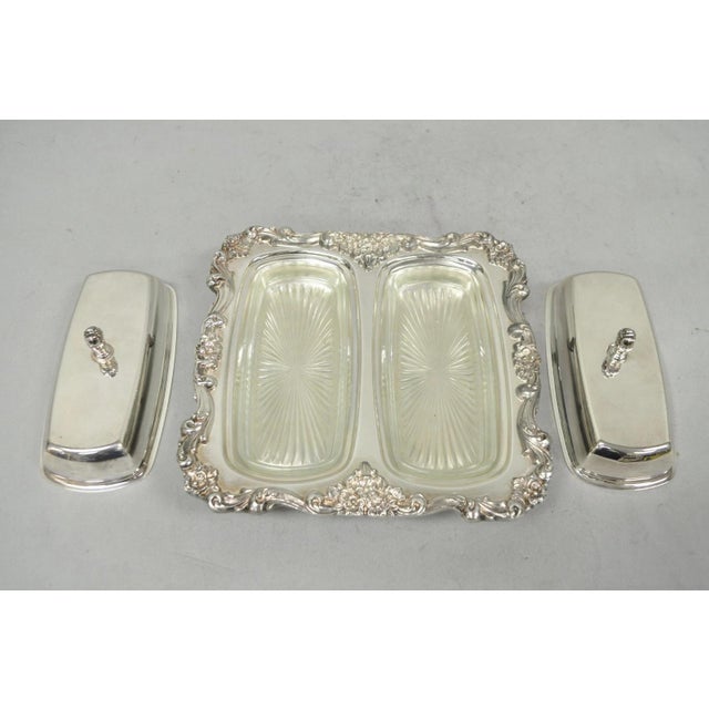Poole Silver Co. Vintage Poole Lancaster Rose Victorian Silver Plated Twin Double Butter Dish For Sale - Image 4 of 16