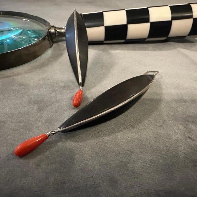 Early 21st Century 21st Century Modern Sterling Silver Ebony and Mediterranean Coral Stud Earrings For Sale - Image 5 of 11