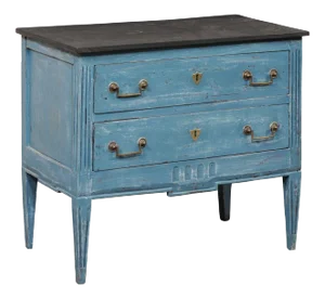 Late 20th Century Italian Raised Two-Drawer Raised Chest in Custom Blue Finish With Black Top