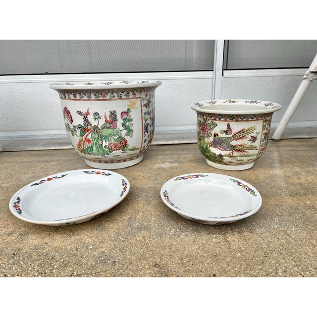 Mid-Century Modern Vintage Chinese Famille Rose Porcelain Fishbowl Planters & Saucers - Pair For Sale - Image 3 of 10