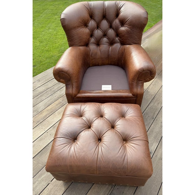 Cigar Leather Restoration Hardware Chair & Coordinating Ottoman, a Pair For Sale - Image 11 of 18
