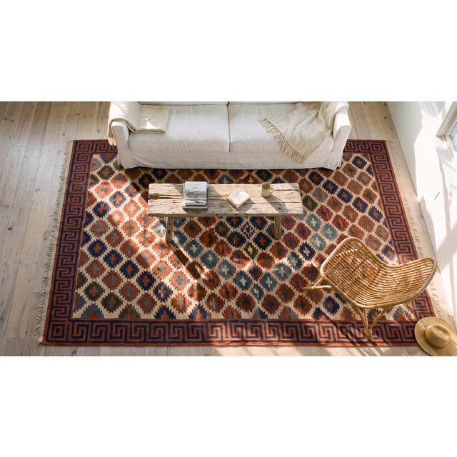 1940s Earth Tone Medallion Tribal Antique Dhurrie Kilim Cotton Rug 8' 9''x 13' 8'' Carpet For Sale - Image 10 of 11