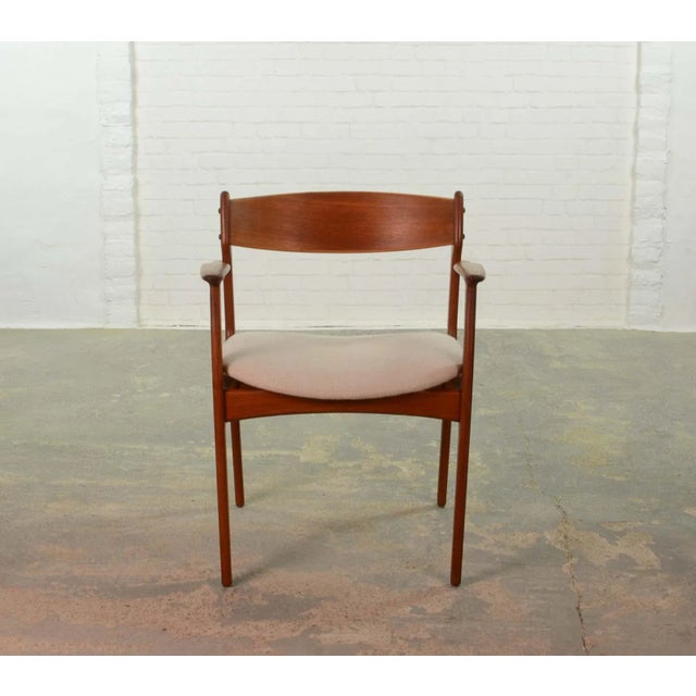 Erik Buch Side Desk Teak Armchair for Oddense Maskinsnedkeri / O.D. Møbler, 1960s. Solid teak wooden frame with fabric...