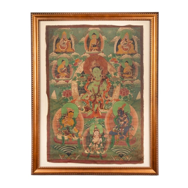 Traditional 19th Century Tibetan Green Tara Thangka Painting on Cotton, Framed For Sale - Image 3 of 10