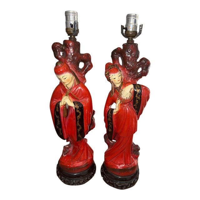 Vintage Faux Cinnabar Chinoiserie Figural Chalkware Table Lamps - Pair For Sale