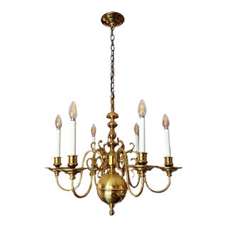Vintage 6-Arm Dutch Queen Anne Style Brass Chandelier For Sale