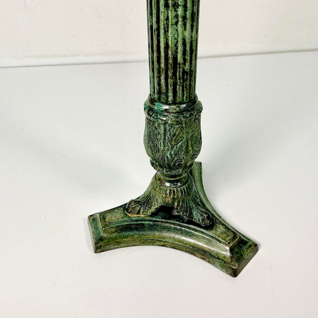 1970s 1970s Vintage Neoclassical English Stag Head Faux Verdigris Green Tole Pedestal Urn Vase. For Sale - Image 5 of 15