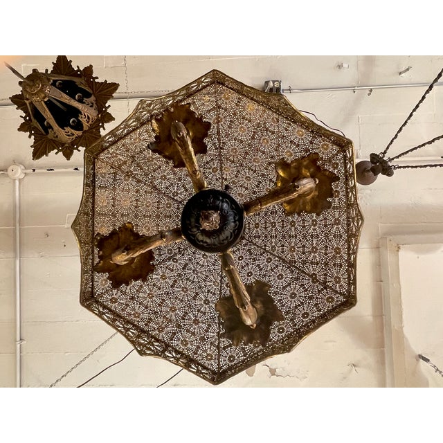 1960s Spanish Brass Four Light Pierced Metal Lace Shade Ceiling Fixture For Sale - Image 11 of 12