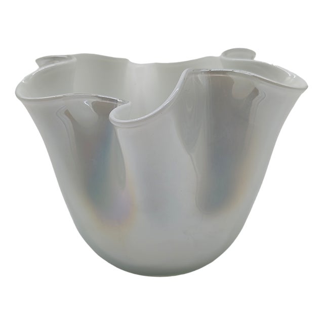 Vintage Jacketed Pearl White Fazzoletto Vase in Murano Glass, 1960s For Sale