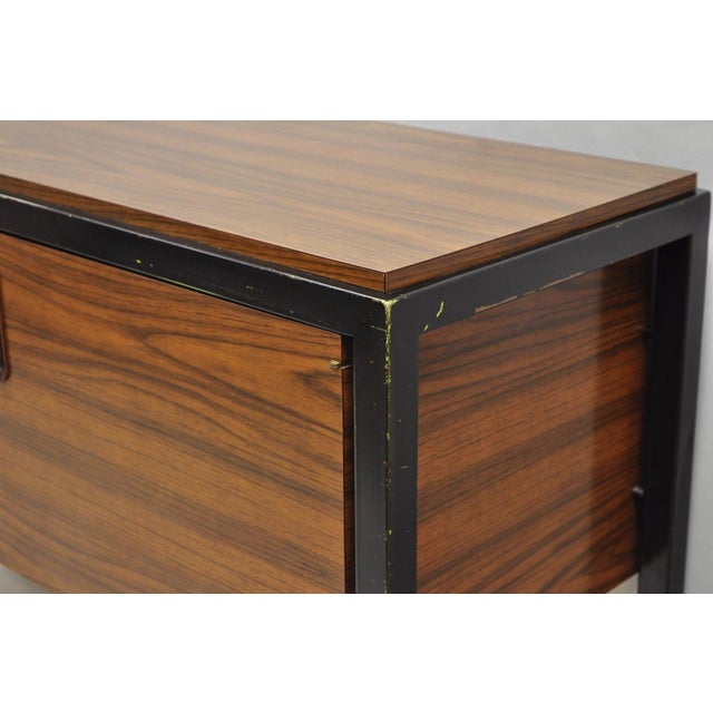 Vintage Mid Century Modern Faux Rosewood Laminate Steel Metal Credenza Cabinet For Sale - Image 12 of 17