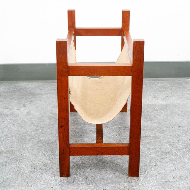 1960s Mid Century Modern Magazine Rack Danish Canvas Sling Teak Vintage Tan Brown For Sale - Image 5 of 10