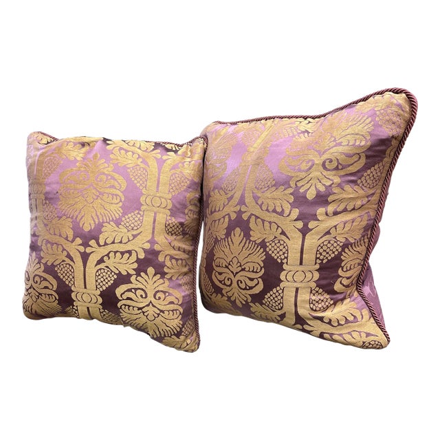 Pair of Very Large Custom Purple Silk Damask Brocade Down Filled Pillows For Sale