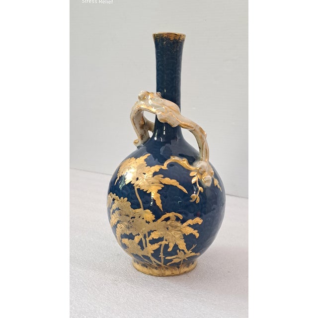 Late 19th Century Antique Jean Pouyat Limoges Cobalt Blue & Gilt Porcelain Bottle Vase With Branch Handle For Sale - Image 5 of 12