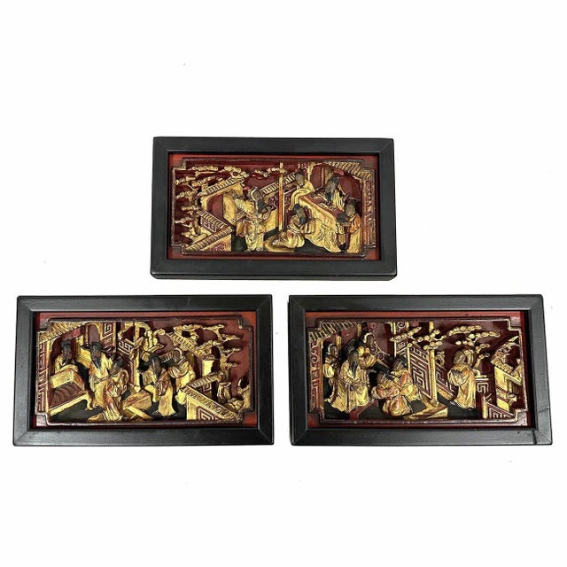 19th Century Chinese 3d Carving Wood Panels Hanging Architectural Element, Set of 3 For Sale - Image 13 of 13