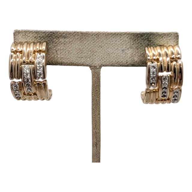 Vintage 1980s Signed Panetta Goldtone & Clear Rhinestone Half Hoop Pierced Earrings-2 Pieces For Sale