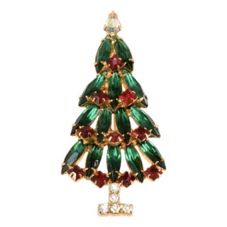 Vintage Dominique Slim Christmas Tree Pin Green & Red Rhinestones Gold Plated For Sale
