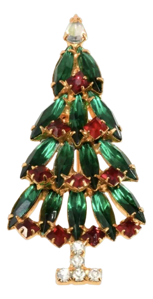 Vintage Dominique Slim Christmas Tree Pin Green & Red Rhinestones Gold Plated