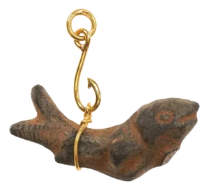 Antique Roman Bronze Fish Pendant With 21k Gold