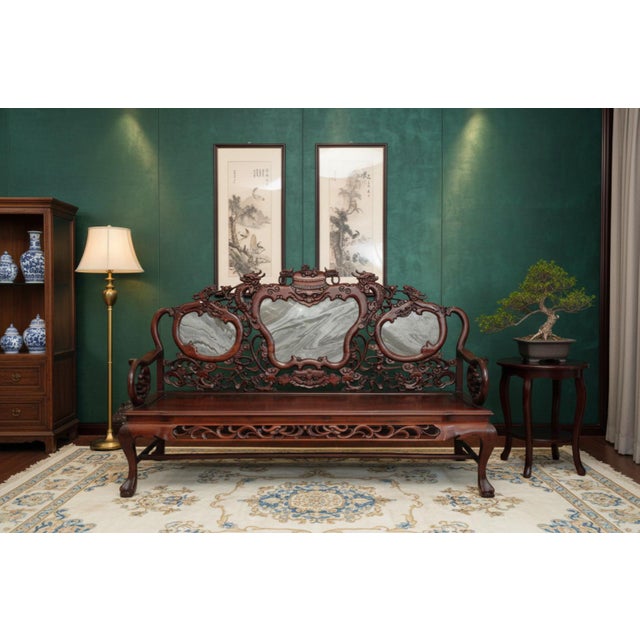 Magnificent Mid Century 66” Chinese Hand-Carved Rosewood (Hongmu) and Dali Dreamstone Marble Settee For Sale - Image 13 of 13