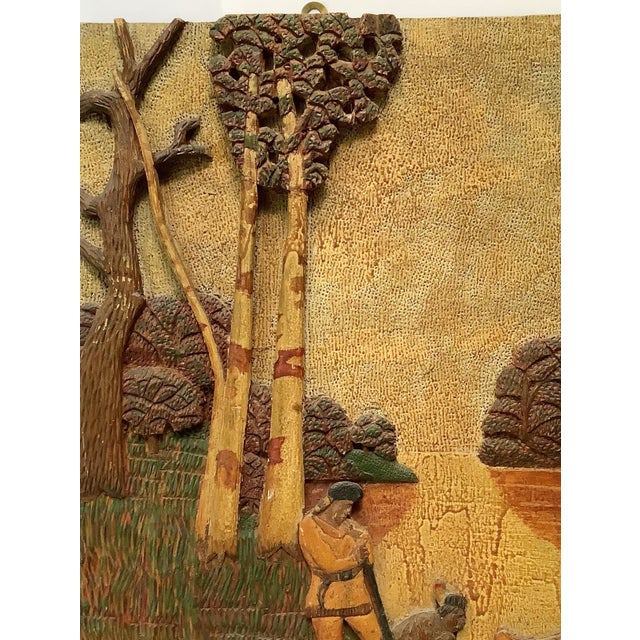1900 - 1909 Antique Carved Wood Plaque With Native American Guide & Trapper For Sale - Image 5 of 6