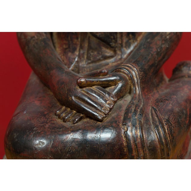 Brown 18th Century Thai Hand Carved Lacquered Wood Sculpture of a Seated Monk For Sale - Image 8 of 13