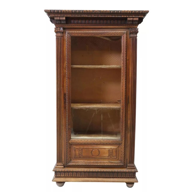 Brown 1800's Antique French Renaissance Revival, Walnut, Vitrine, Cabinet, Bookcase! For Sale - Image 8 of 9