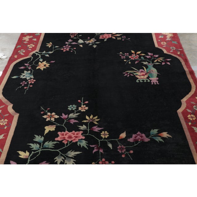 Art Deco Vintage Chinese Art Deco Rug in Red and Black With Floral Patterns - Rug & Kilim For Sale - Image 3 of 9