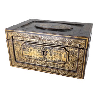 19th Century Chinese Export Chinoiserie Black Lacquer Tea Caddy Box For Sale