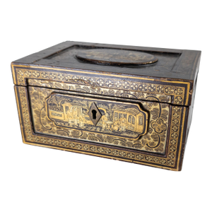 19th Century Chinese Export Chinoiserie Black Lacquer Tea Caddy Box