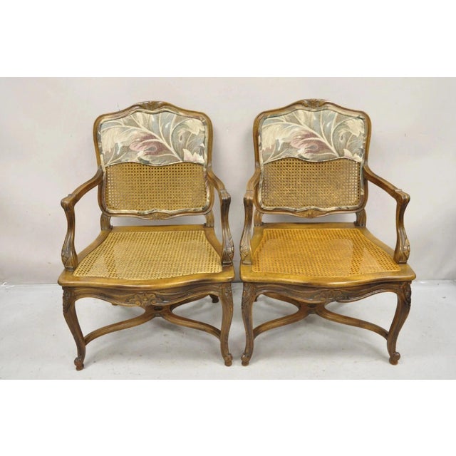 Brown Vintage French Country Louis XV Style Upholstered Cane Lounge Arm Chairs - Pair For Sale - Image 8 of 12
