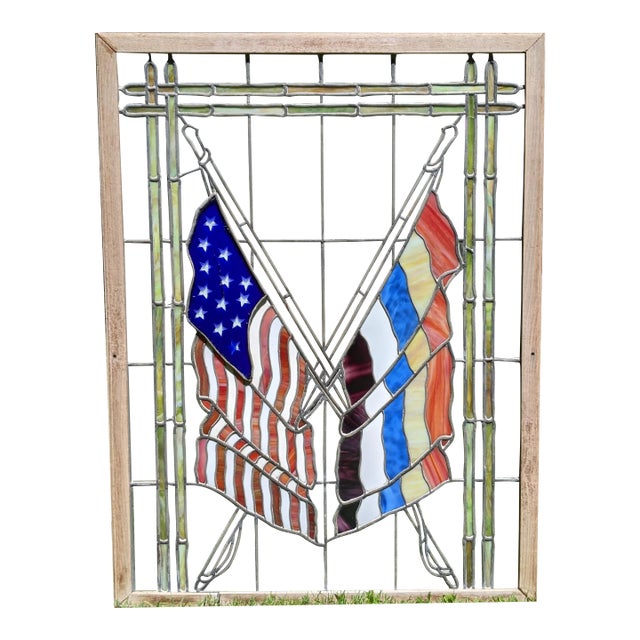Large Vintage Stained Cathedral Glass Window Ft. Crossed Staff American Flag For Sale