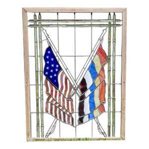 Large Vintage Stained Cathedral Glass Window Ft. Crossed Staff American Flag