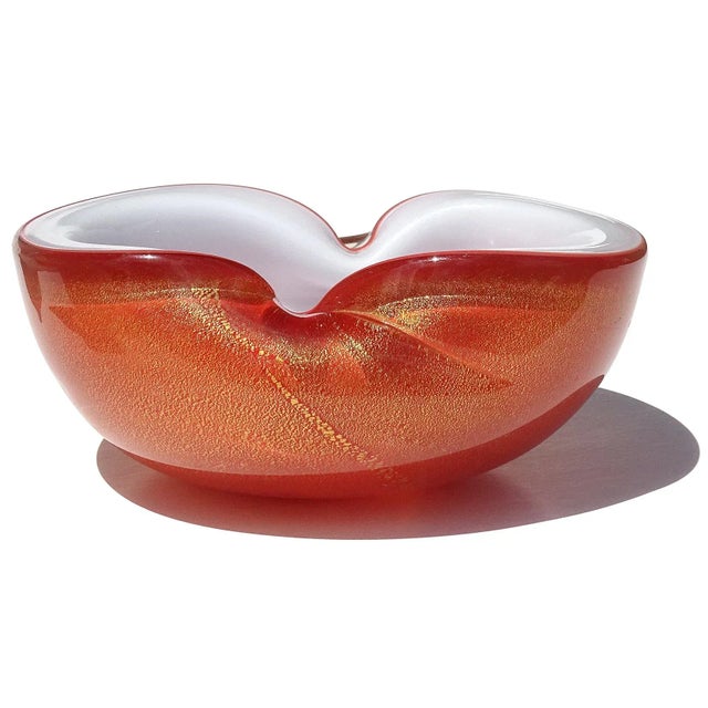 Vintage Murano Barbini Orange White Gold Flecks Italian Art Glass Midcentury Bowl Ashtray Dish For Sale In Orlando - Image 6 of 9