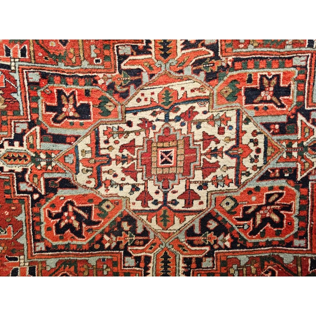 Persian Vintage Persian Heriz Rug, Hand-Knotted Wool, Geometric Medallion Pattern, Red & Navy, 9x11 For Sale - Image 3 of 17