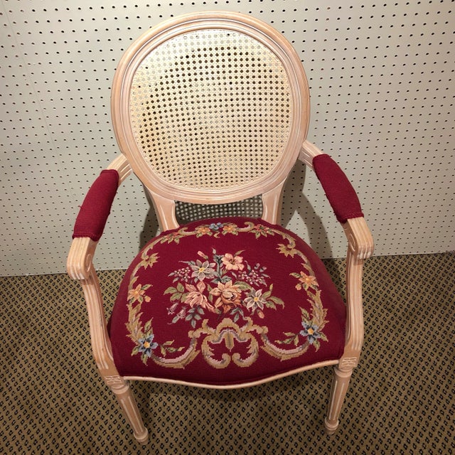 Wood Vintage Louis XVI Cane Back Needlepoint Armchair For Sale - Image 7 of 8