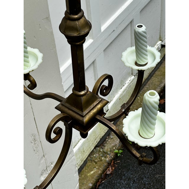 Vintage Brass Four Arm Gas Electric Chandelier For Sale - Image 4 of 11