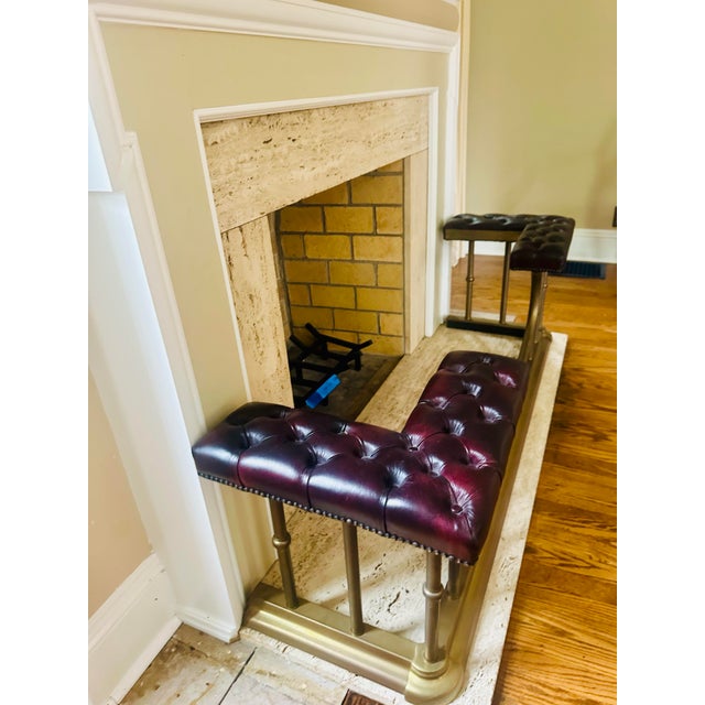 Vintage Brass & Oxblood Leather Club Fender - Fireplace Bench Hearth Seat For Sale - Image 9 of 10