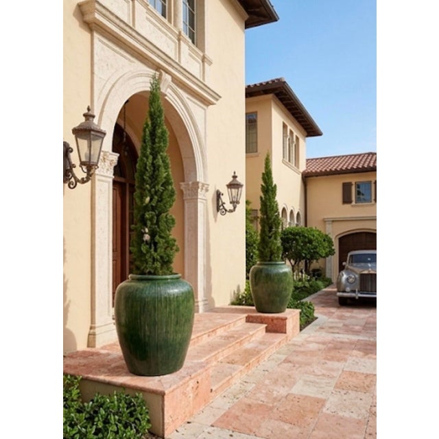 A Pair of Large Mid-Century Modern Ribbed Green Glazed Ceramic Ovoid Planters For Sale - Image 11 of 12