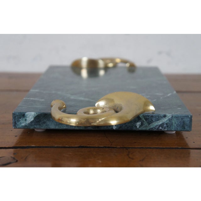 Vintage Green Marble Brass French Horn Handle Cheese Serving Board Tray For Sale - Image 4 of 12