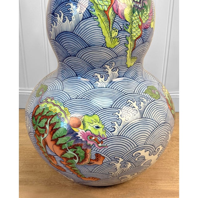Vintage 29" Chinese Kangxi Qing Porcelain Dragon Double-Gourd Floor Vase For Sale - Image 10 of 11