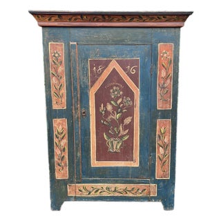 Antique European Painted Folk Armoire With Modular Shelving For Sale