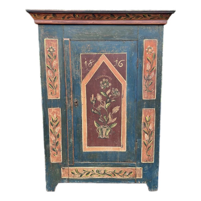 Antique European Painted Folk Armoire With Modular Shelving For Sale