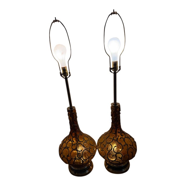 1960s Mid-Century Modern Amber Glass Genie Bottle Lamps With Brutalist Metal Overlay - Pair For Sale