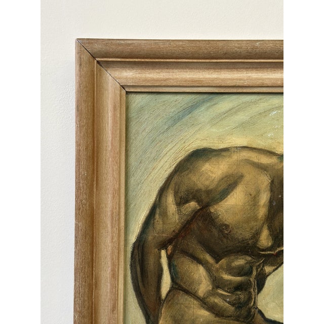 Vintage Art Deco Style Kneeling Male Nude Oil on Board Painting, Circa Mid 20th Century For Sale - Image 15 of 18