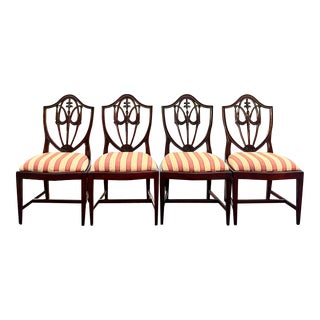 Carved Mahogany Hepplewhite Style Shield Back Dining Chairs - Set of 4 For Sale
