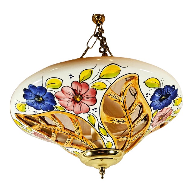 1980s Italian Style Ceramic & Brass Ornate Floral Large Pendant Light For Sale