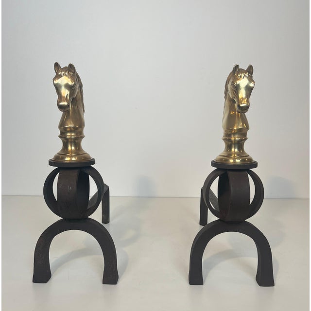 French Important pair of bronze and wrought iron andirons representing horse heads For Sale - Image 3 of 12